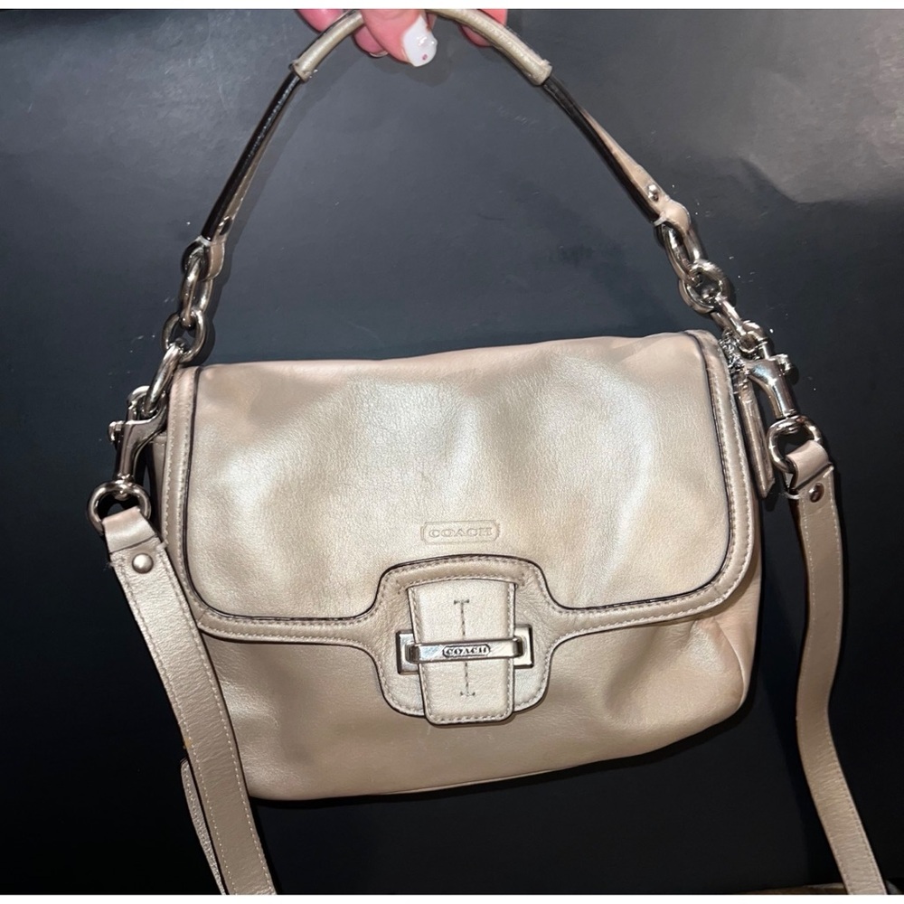 Coach Champagne Metallic Leather Taylor Flap Crossbody Purse